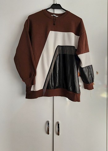 Deri Detaylı Kahverengi Kadın Sweatshirt