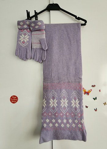 Hakiki yün, Mor Örgü Bohem Kadın Eldiveni, atkısı.. - Görsel 2