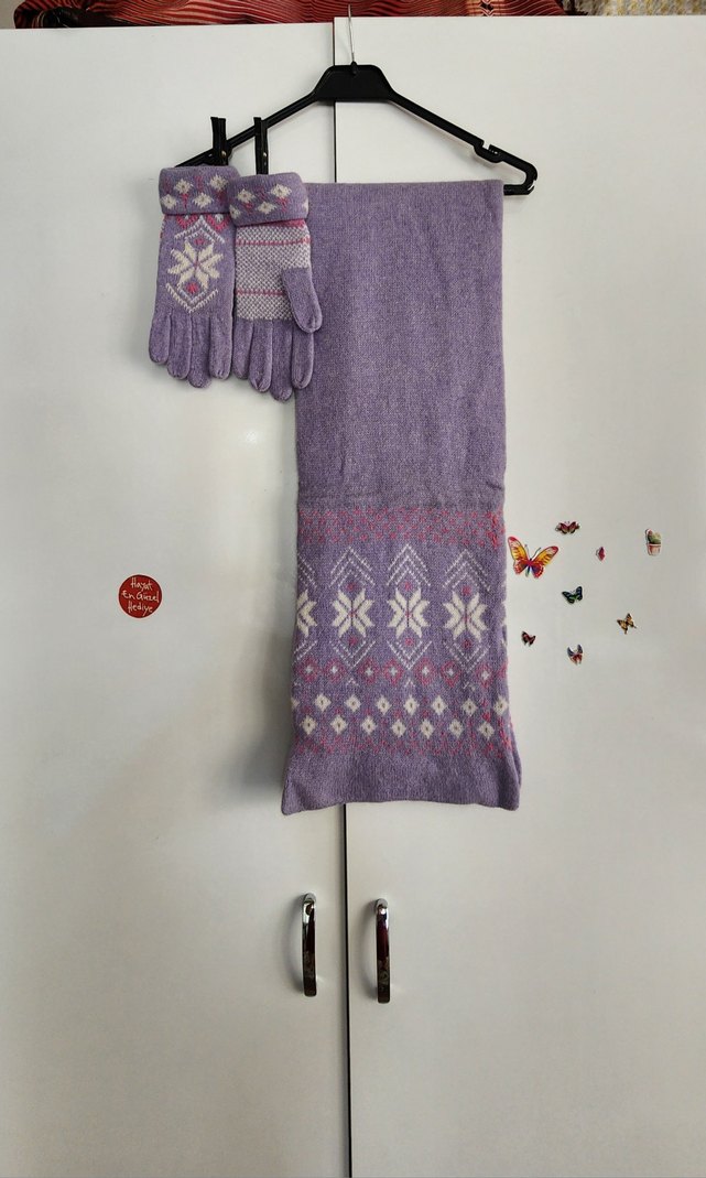 Hakiki yün, Mor Örgü Bohem Kadın Eldiveni, atkısı.. - Görsel 5