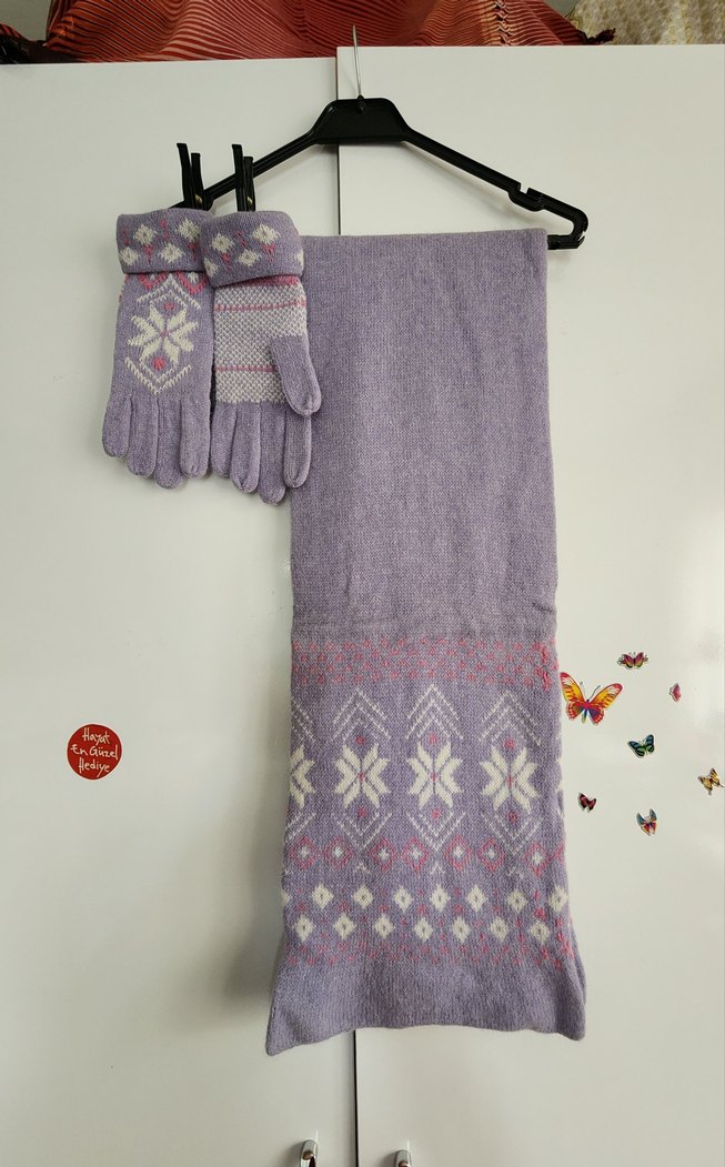 Hakiki yün, Mor Örgü Bohem Kadın Eldiveni, atkısı.. - Görsel 2