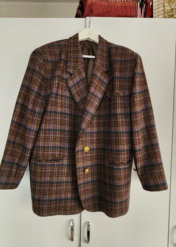 Düğmeli Kahverengi Ekoseli Kadın Blazer Ceket. Vintage ürün,... - Görsel 3