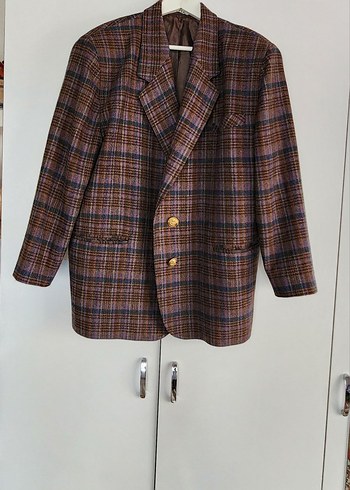 Düğmeli Kahverengi Ekoseli Kadın Blazer Ceket. Vintage ürün,... - Görsel 2