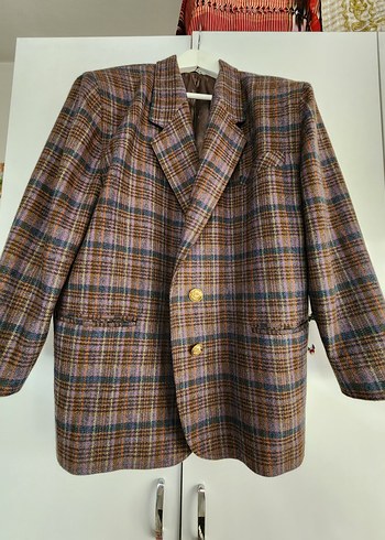 Düğmeli Kahverengi Ekoseli Kadın Blazer Ceket. Vintage ürün,... - Görsel 6