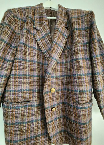 Düğmeli Kahverengi Ekoseli Kadın Blazer Ceket. Vintage ürün,... - Görsel 7