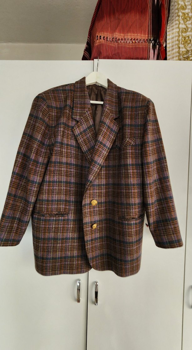 Düğmeli Kahverengi Ekoseli Kadın Blazer Ceket. Vintage ürün,... - Görsel 3