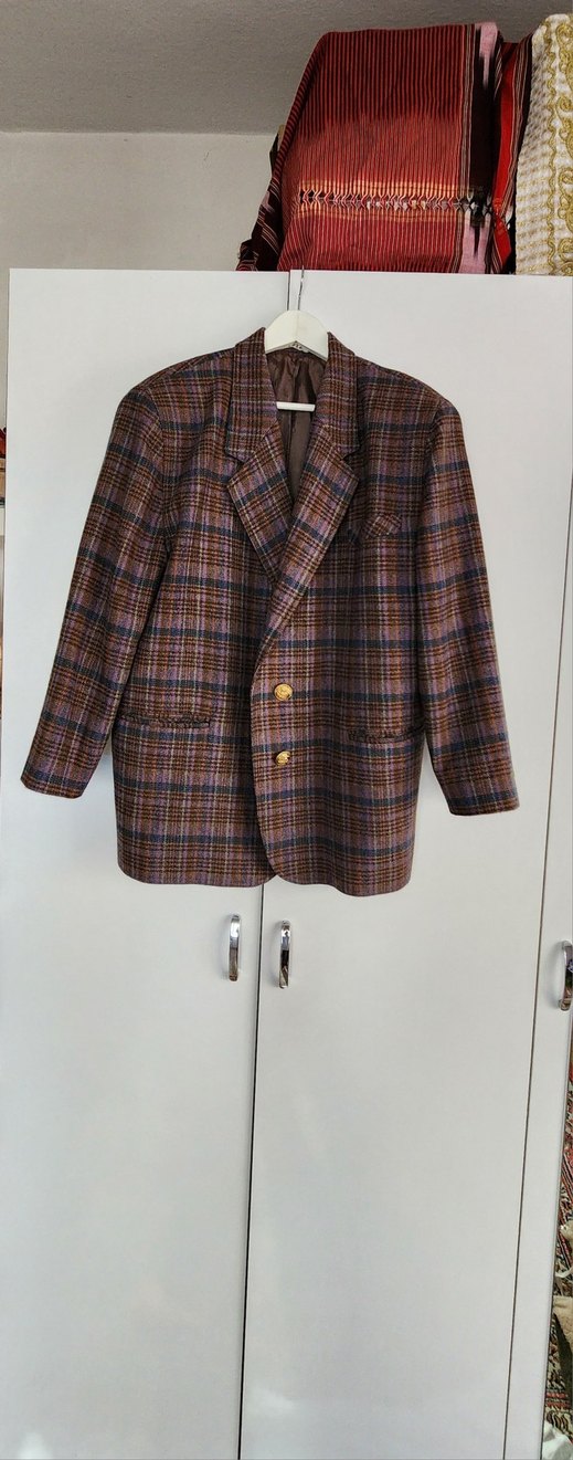 Düğmeli Kahverengi Ekoseli Kadın Blazer Ceket. Vintage ürün,... - Görsel 2