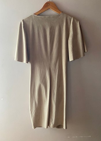 Zara Bej Süet V Yaka Drapeli Mini Elbise