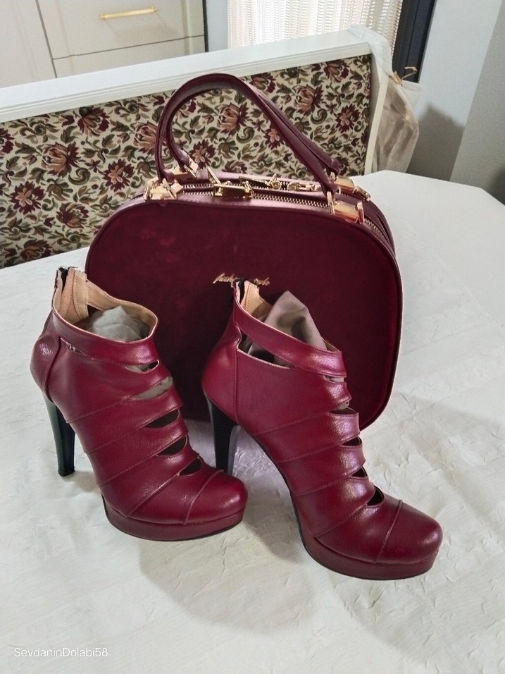 Bordo Deri Tokalı Kadın Stiletto - Görsel 4