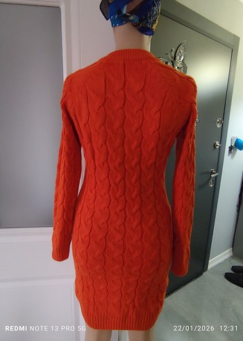 Kadın Turuncu Yarım Fermuarlı Uzun Örgü triko elbise - Görsel 3