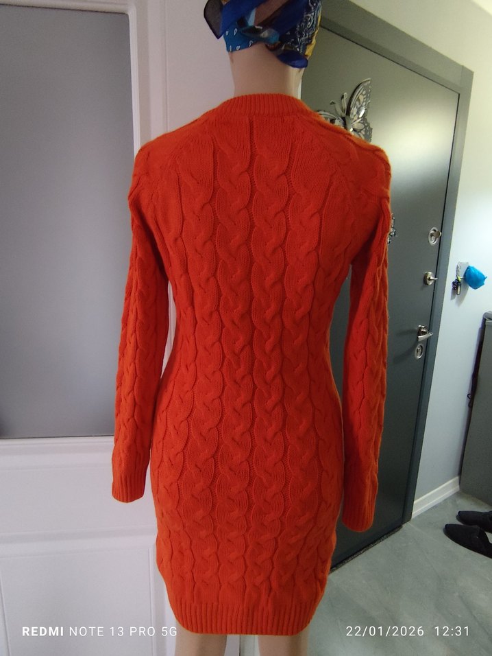 Kadın Turuncu Yarım Fermuarlı Uzun Örgü triko elbise - Görsel 3