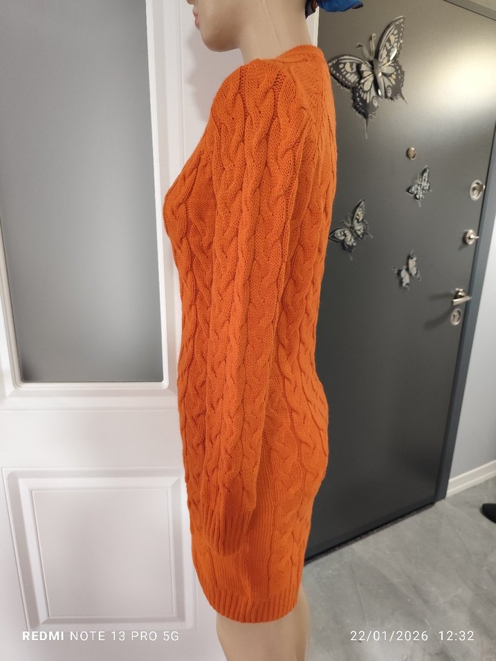 Kadın Turuncu Yarım Fermuarlı Uzun Örgü triko elbise - Görsel 4