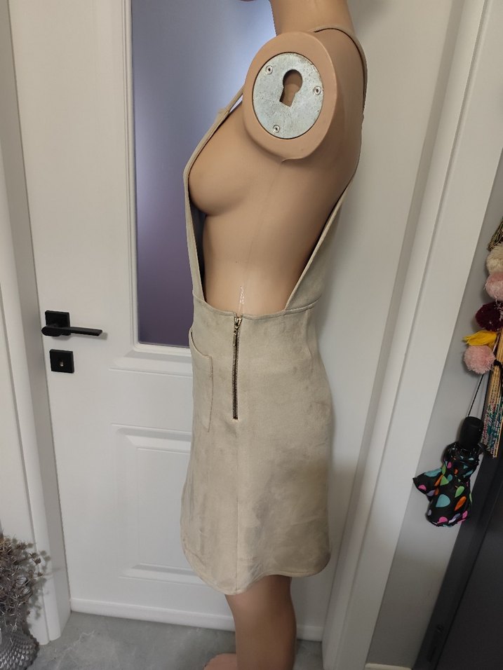 Kadın Bej Süet Midi Askılı Elbise - Görsel 3