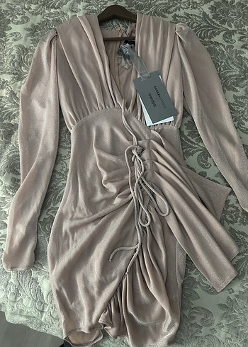 Drapeli V Yaka Uzun Kollu Mini Elbise - Görsel 4