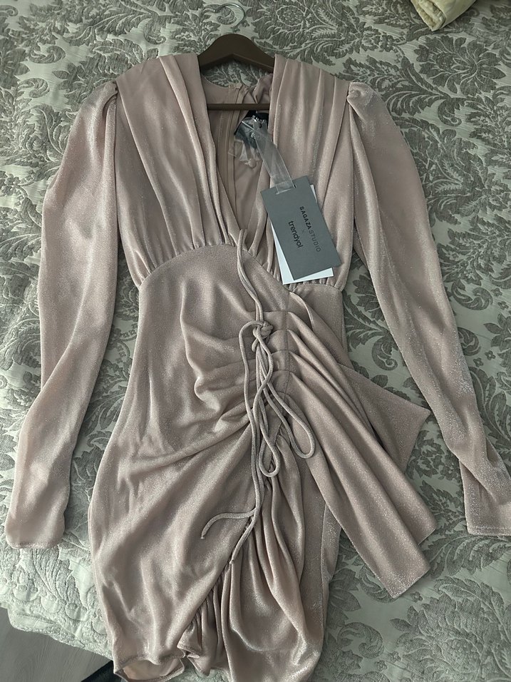 Drapeli V Yaka Uzun Kollu Mini Elbise - Görsel 2