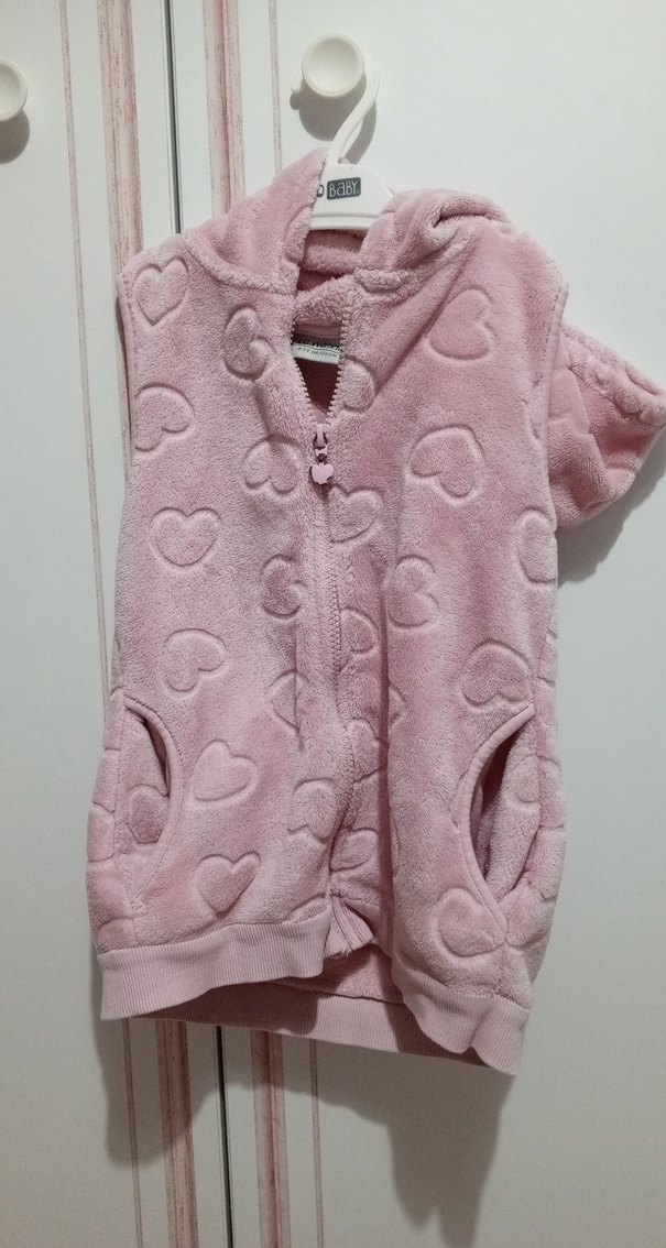 Kızlar için Kapüşonlu Pembe Peluş Yelek - Görsel 3