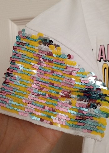 Kız Çocuk Payetli Baskılı Beyaz Tişört - Görsel 2