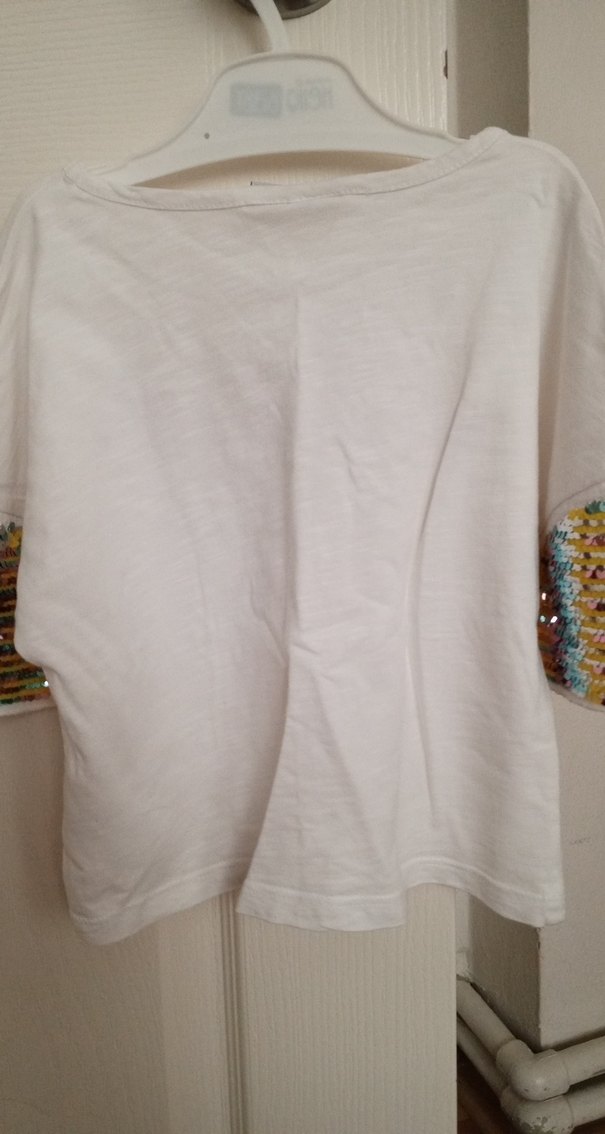 Kız Çocuk Payetli Baskılı Beyaz Tişört - Görsel 5