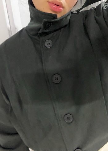 Düğmeli Siyah Deri Kadın Trençkot - Görsel 2