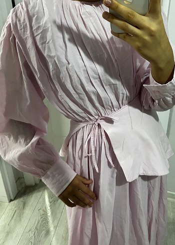 Pembe Uzun Keten Elbise V Yakalı - Görsel 8