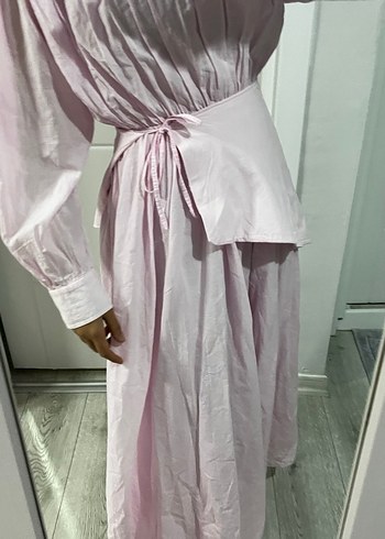 Pembe Uzun Keten Elbise V Yakalı - Görsel 7