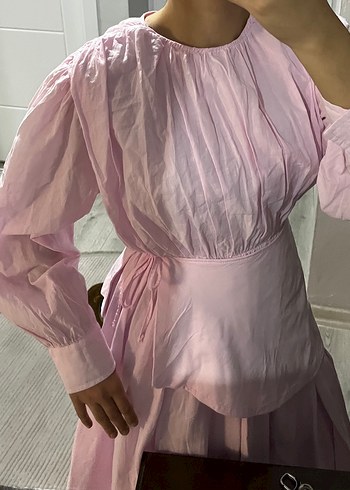 Pembe Uzun Keten Elbise V Yakalı - Görsel 4