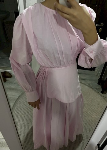 Pembe Uzun Keten Elbise V Yakalı - Görsel 3