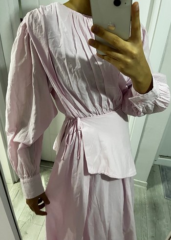 Pembe Uzun Keten Elbise V Yakalı - Görsel 5