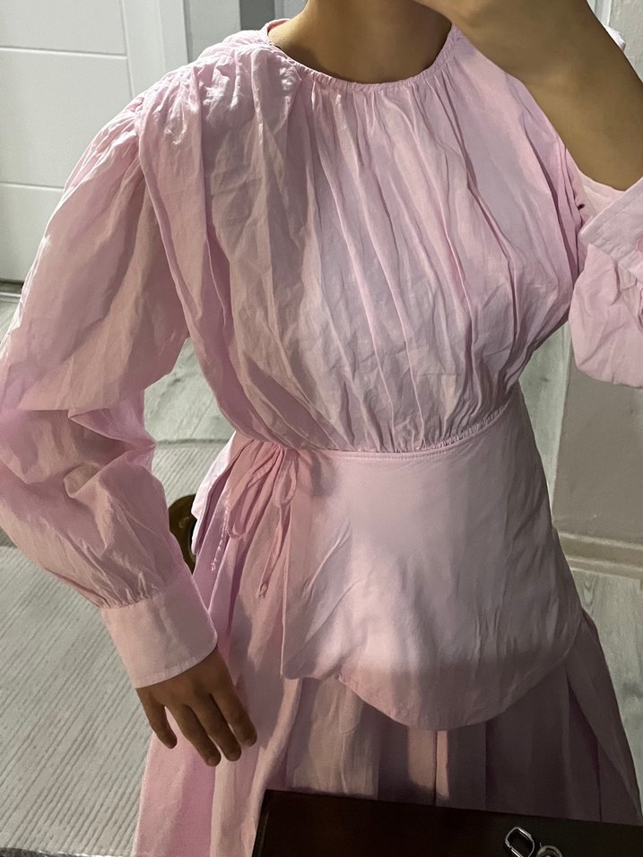 Pembe Uzun Keten Elbise V Yakalı - Görsel 4