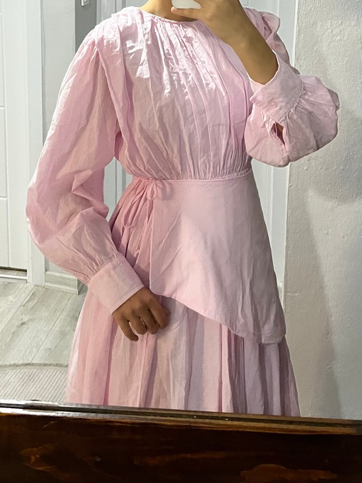 Pembe Uzun Keten Elbise V Yakalı - Görsel 2