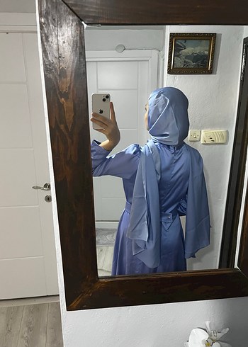 Mavi Uzun Kollu İşlemeli Abiye Elbise - Görsel 4