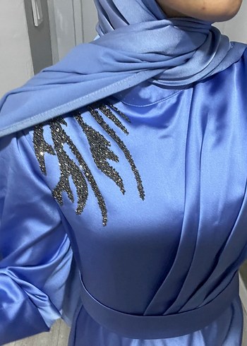 Mavi Uzun Kollu İşlemeli Abiye Elbise - Görsel 3