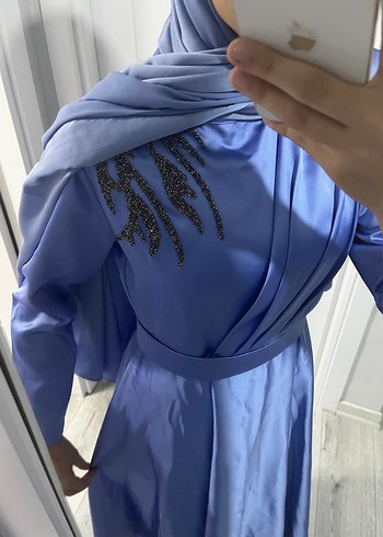 Mavi Uzun Kollu İşlemeli Abiye Elbise - Görsel 5