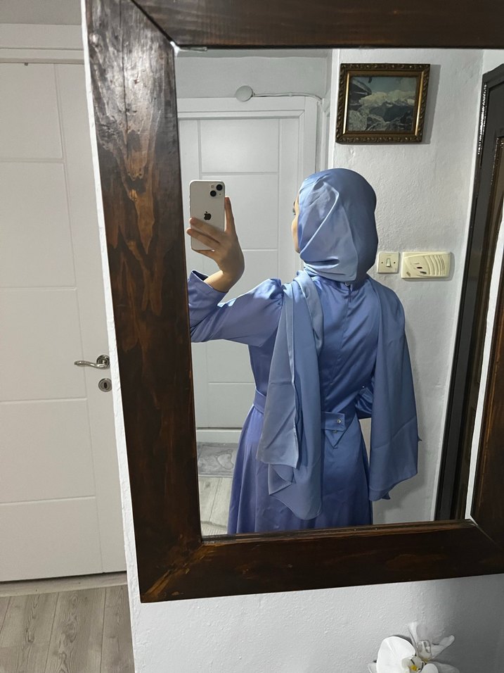 Mavi Uzun Kollu İşlemeli Abiye Elbise - Görsel 4