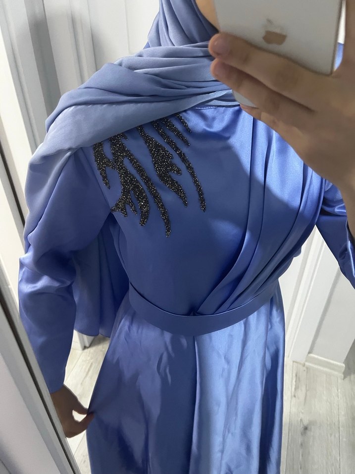 Mavi Uzun Kollu İşlemeli Abiye Elbise - Görsel 5