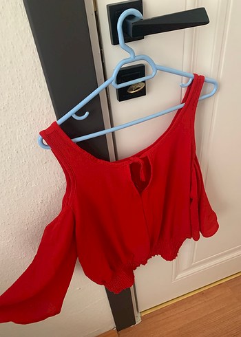 Kırmızı omuz dekolte Keten Bluz - Görsel 3