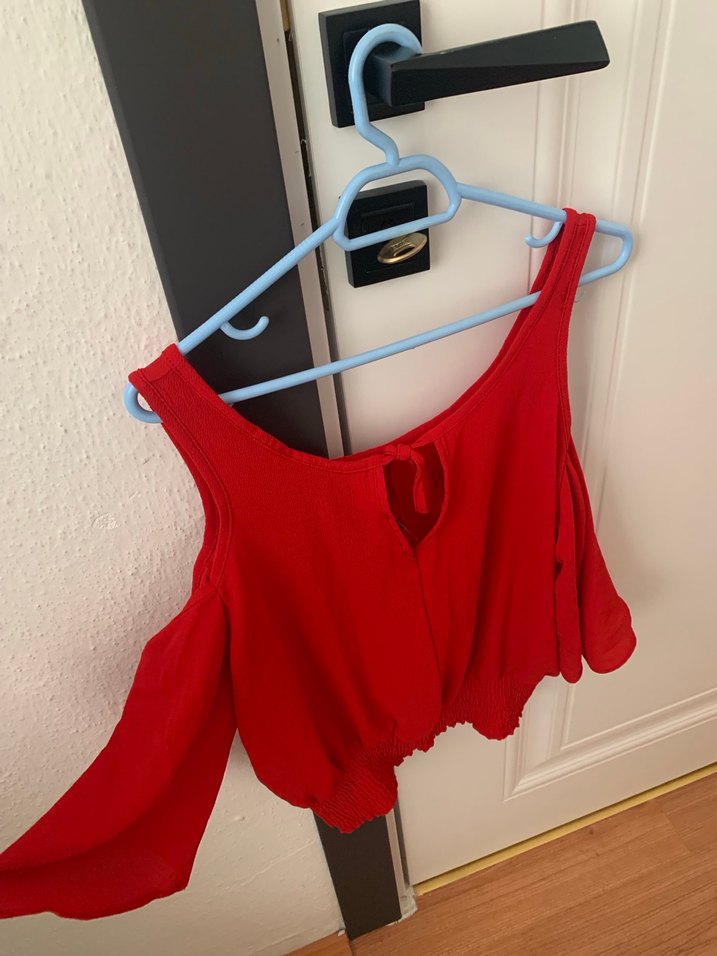 Kırmızı omuz dekolte Keten Bluz - Görsel 3