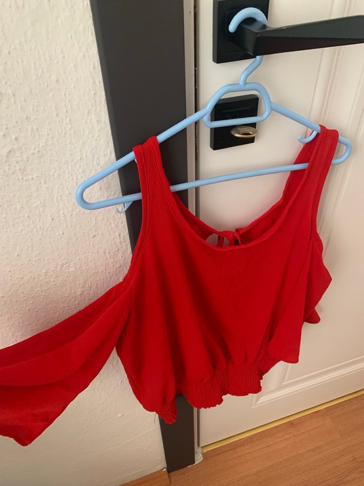 Kırmızı omuz dekolte Keten Bluz - Görsel 2