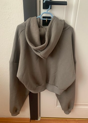 Gri Kapüşonlu içi şardonlu Fermuarlı Kadın Sweatshirt - Görsel 3