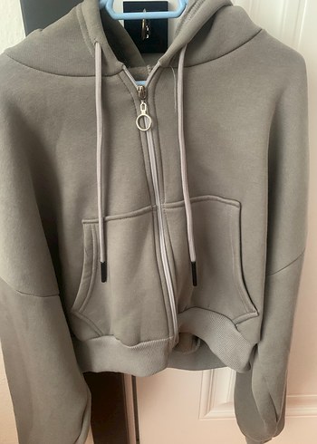 Gri Kapüşonlu içi şardonlu Fermuarlı Kadın Sweatshirt - Görsel 2