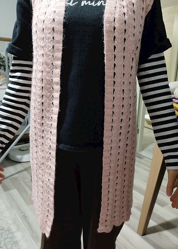 Pembe Uzun Örgü Triko Yelek - Görsel 3