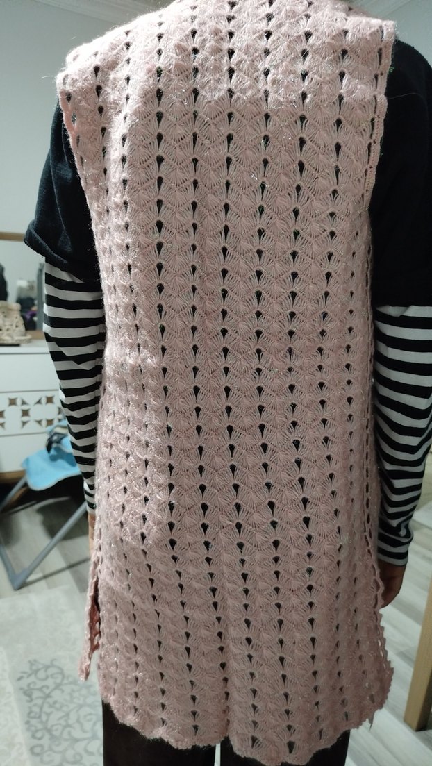 Pembe Uzun Örgü Triko Yelek - Görsel 2