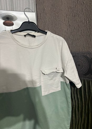 Pamuklu Beyaz-Mint Renkli Oversize Tişört - Görsel 2