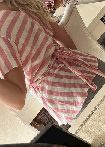 Pembe Çizgili  Bluz V Yakalı - Görsel 2