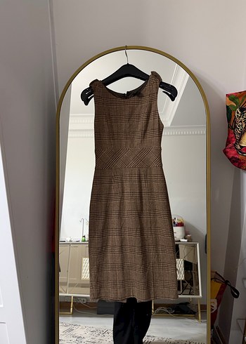 Kahverengi Kemerli Kareli Midi Elbise - Görsel 2