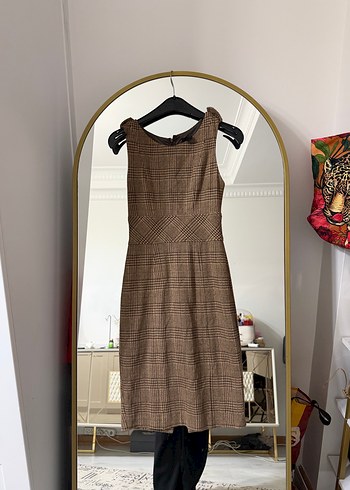 Kahverengi Kemerli Kareli Midi Elbise - Görsel 4