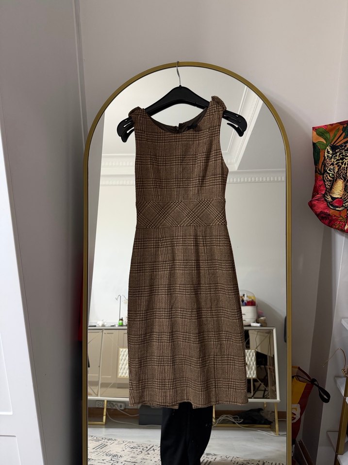 Kahverengi Kemerli Kareli Midi Elbise - Görsel 2