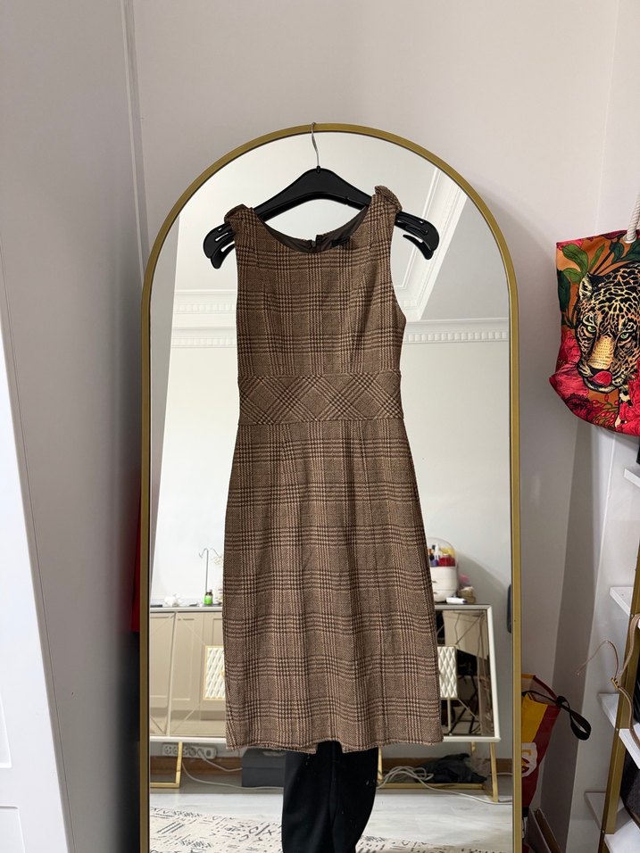 Kahverengi Kemerli Kareli Midi Elbise - Görsel 4