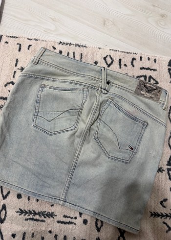 Gri Bağlama Desenli Mini Kot Etek - Görsel 2