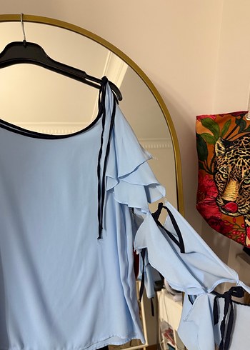 Mavi Volanlı Askılı Midi Bluz - Görsel 3