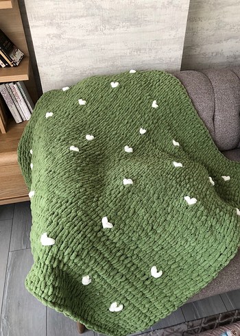 Yeşil Kalp Desenli Örgü Battaniye - Görsel 4